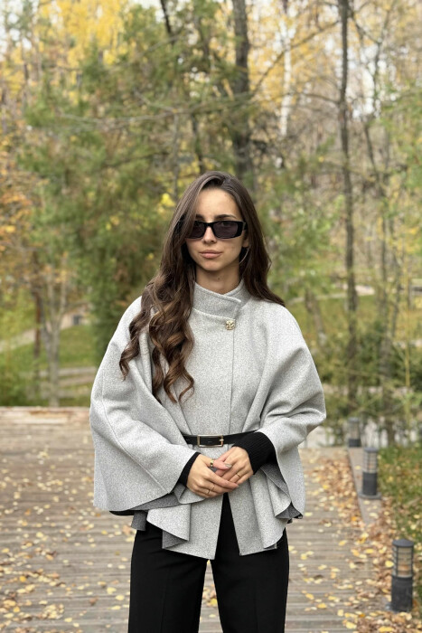 ONE COLOR BELTED WOMEN CAPE COAT LIGHT GREY/GZ - 3