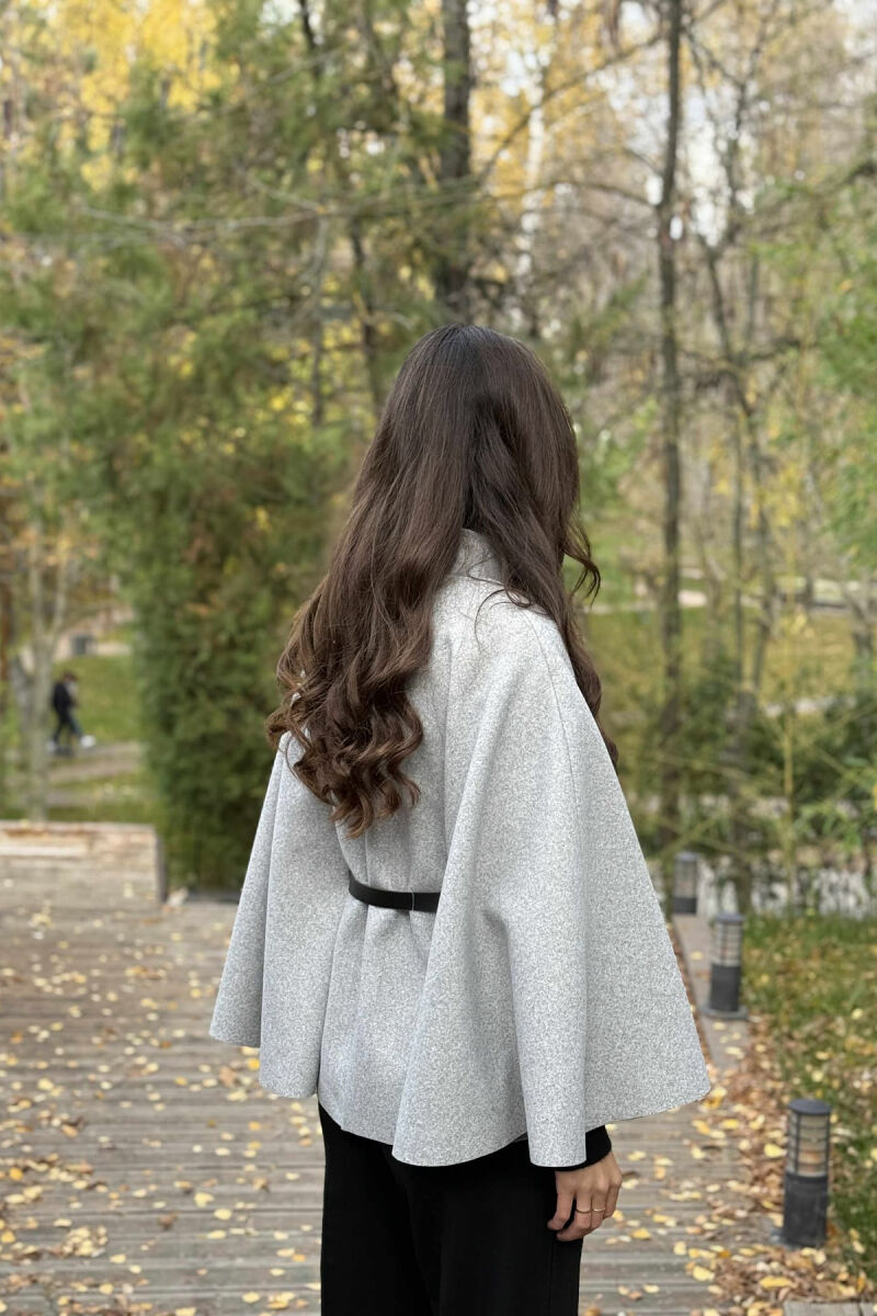 ONE COLOR BELTED WOMEN CAPE COAT LIGHT GREY/GZ - 4