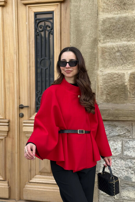 PELERINË NJË NGJYRËSHE ME RRIP PËR FEMRA NË NGJYRE TE KUQE - KLAUDIO FASHION