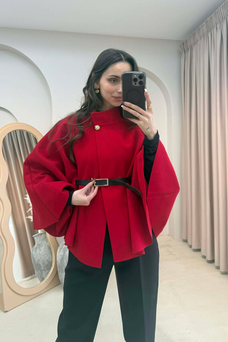 ONE COLOR BELTED WOMEN CAPE COAT RED/E KUQE - 1