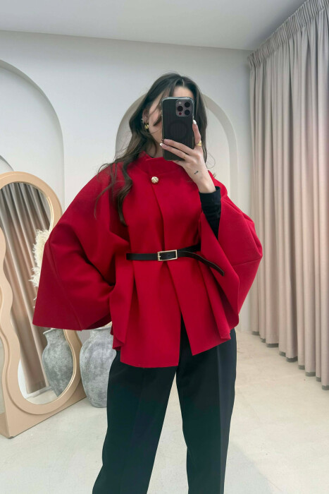 ONE COLOR BELTED WOMEN CAPE COAT RED/E KUQE - 2