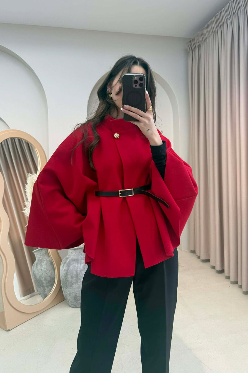 ONE COLOR BELTED WOMEN CAPE COAT RED/E KUQE - 2