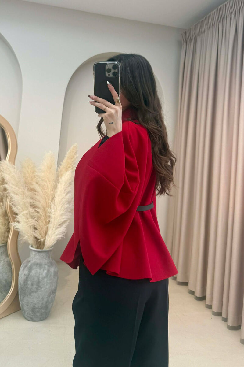 ONE COLOR BELTED WOMEN CAPE COAT RED/E KUQE - 3