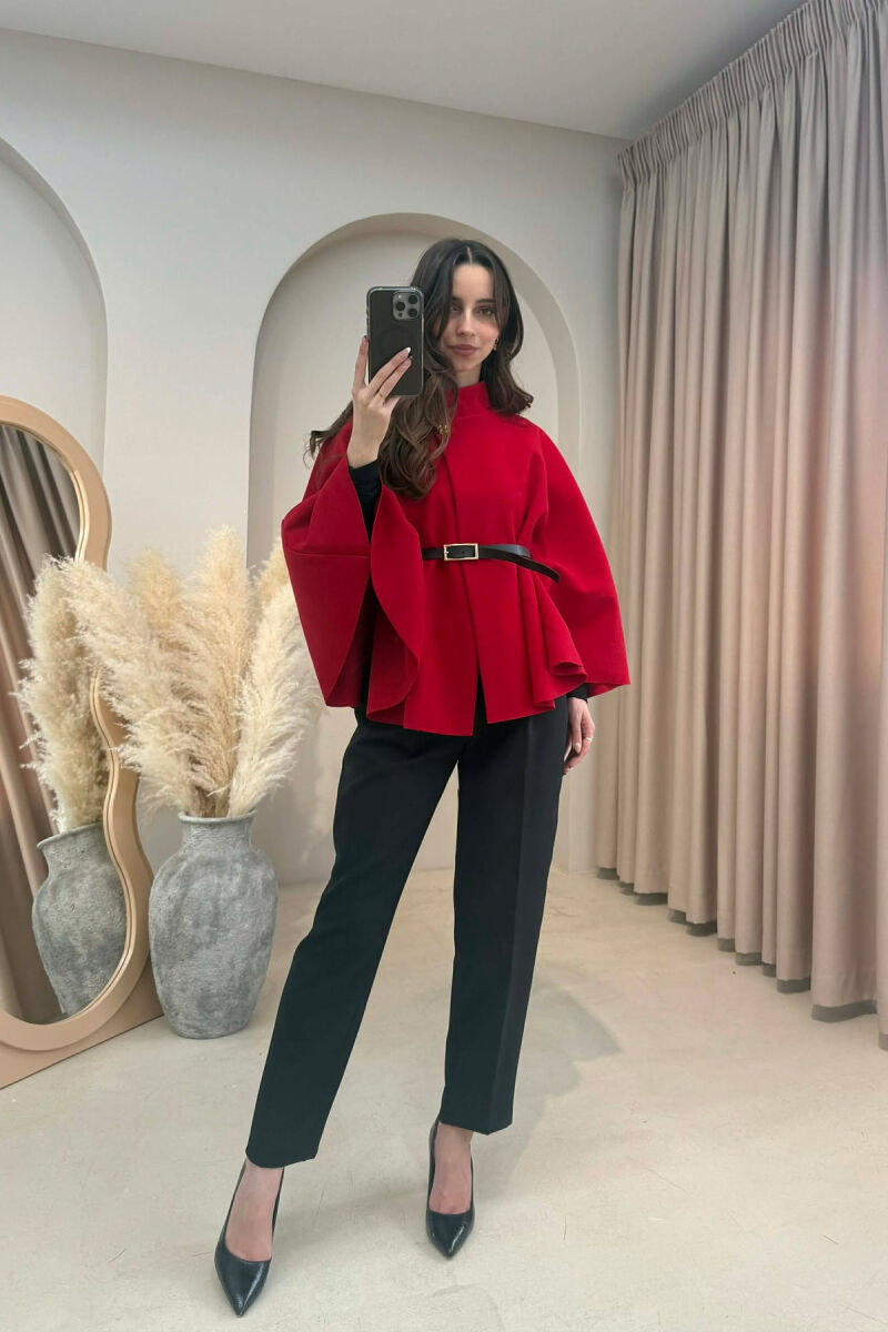 ONE COLOR BELTED WOMEN CAPE COAT RED/E KUQE - 4