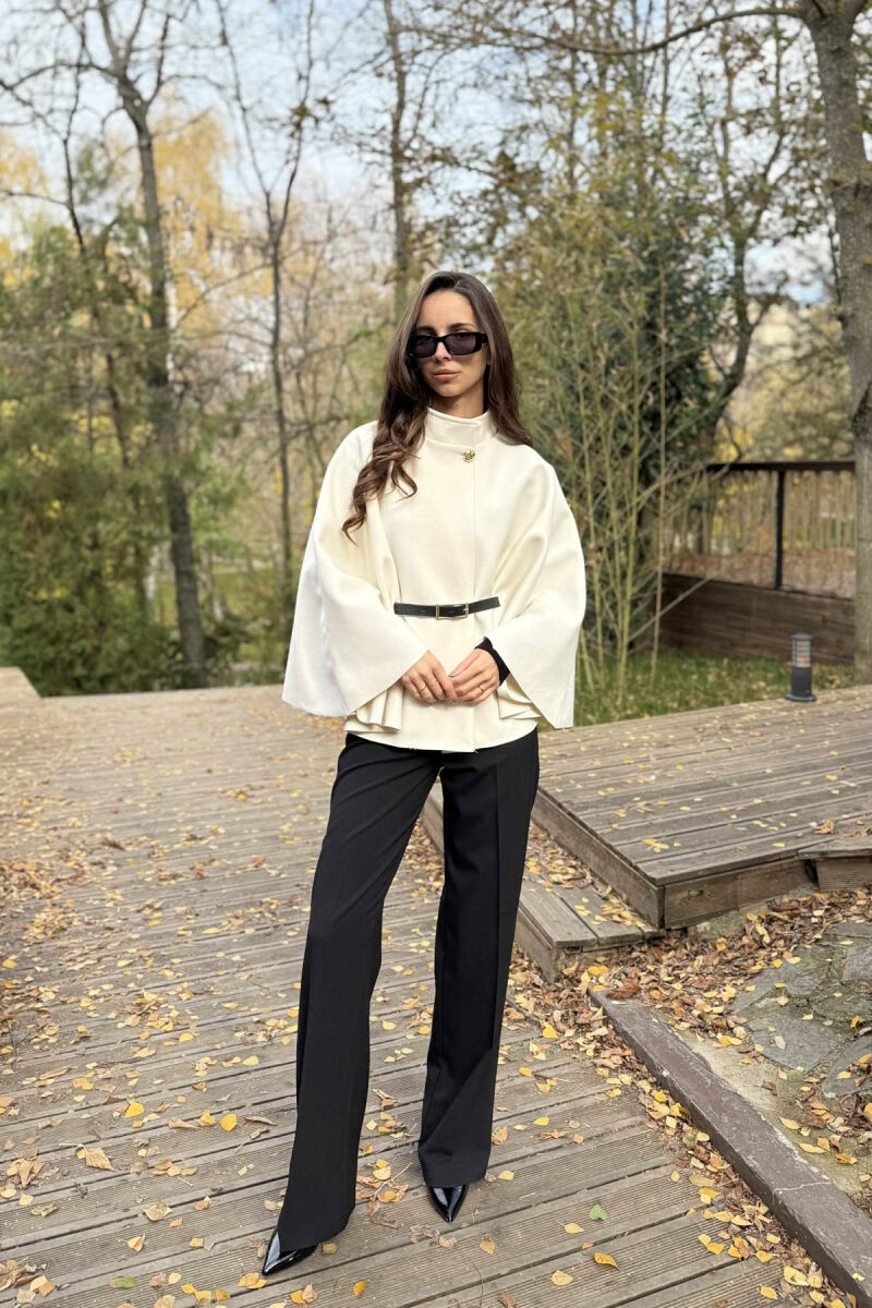 ONE COLOR BELTED WOMEN CAPE COAT WHITE-E BARDHE - 1