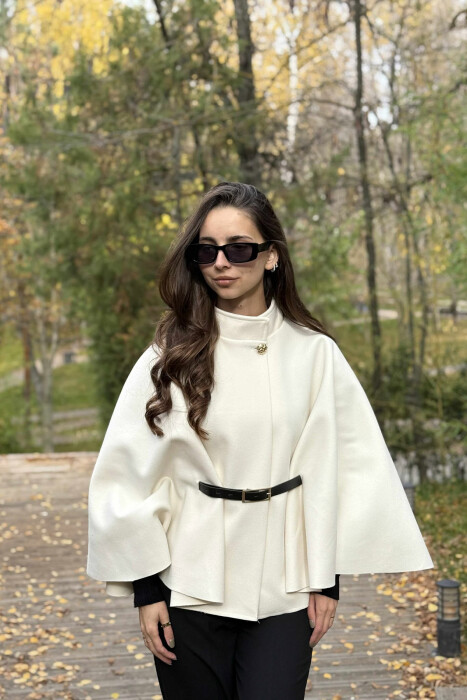 ONE COLOR BELTED WOMEN CAPE COAT WHITE-E BARDHE - 3