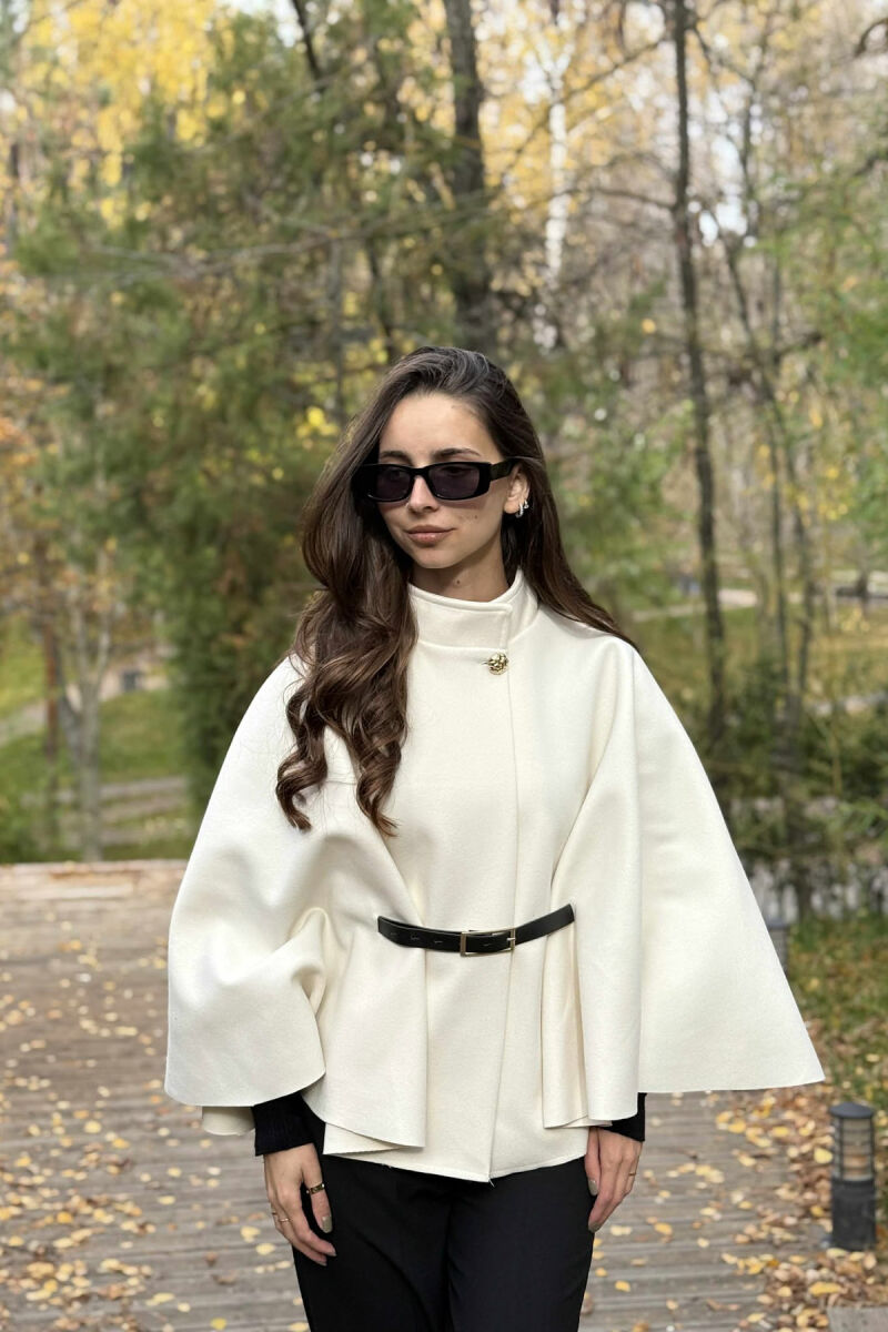 ONE COLOR BELTED WOMEN CAPE COAT WHITE-E BARDHE - 3