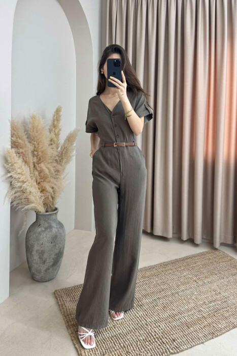 ONE COLOR BELTED WOMEN JUMPSUIT GREEN/JESHILE - KLAUDIO FASHION
