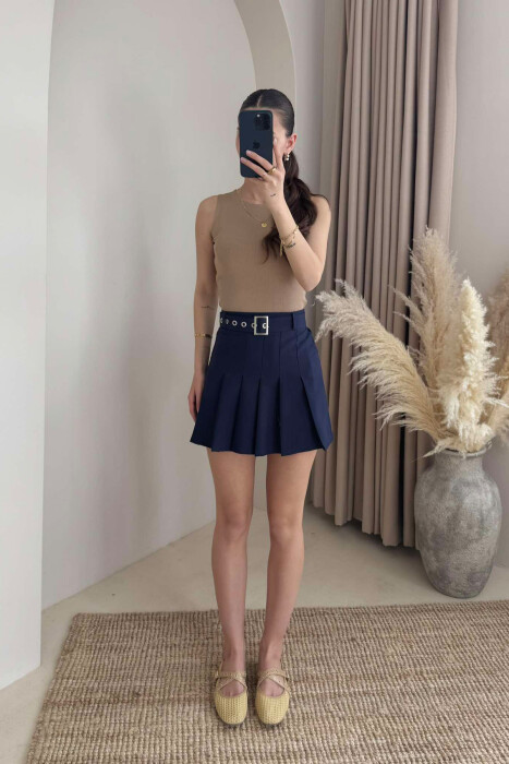 ONE COLOR BELTED WOMEN SKIRT DARK BLUE/BEE 