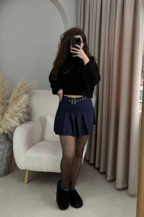 ONE COLOR BELTED WOMEN SKIRT DARK BLUE/BEE 