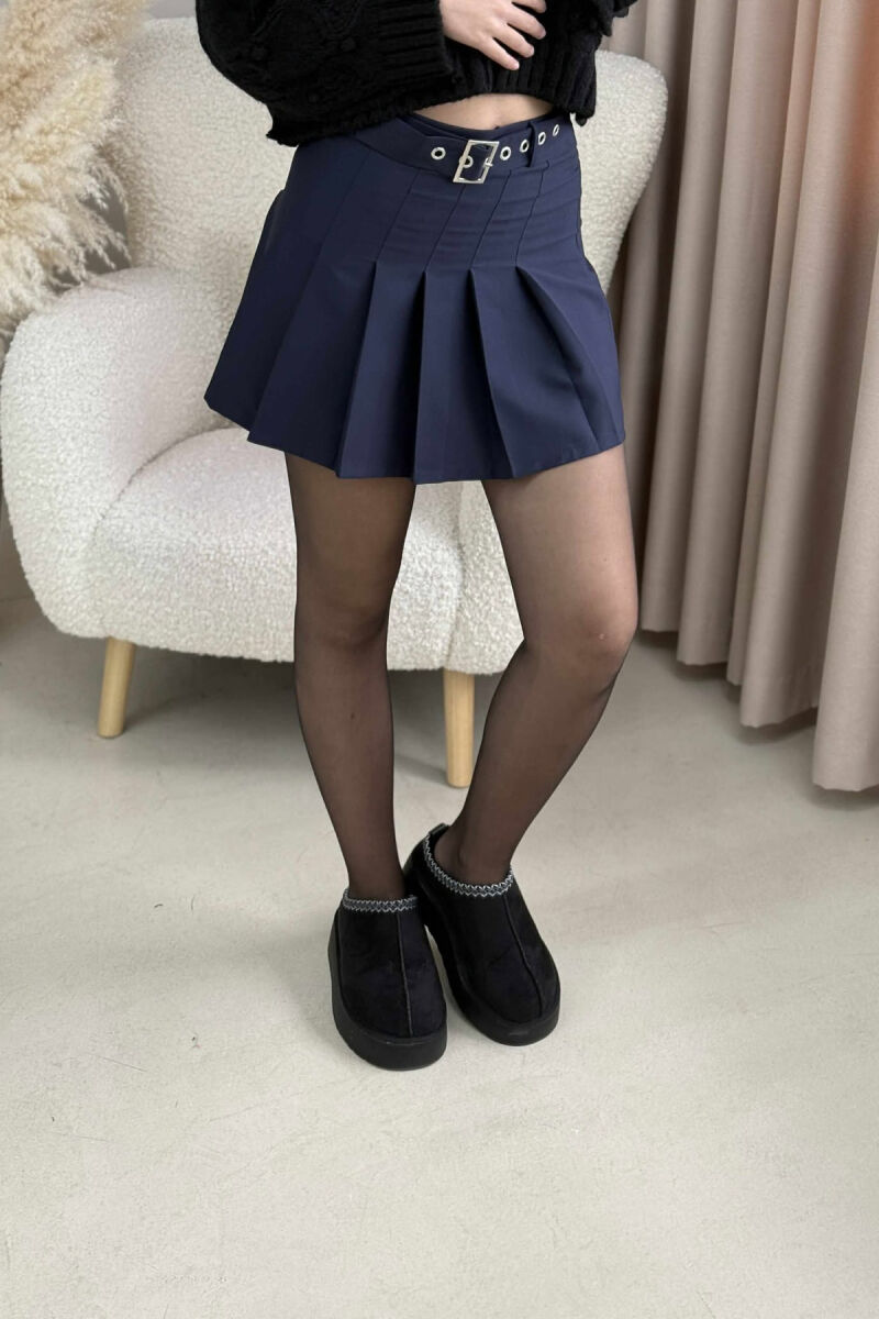ONE COLOR BELTED WOMEN SKIRT DARK BLUE/BEE - 2