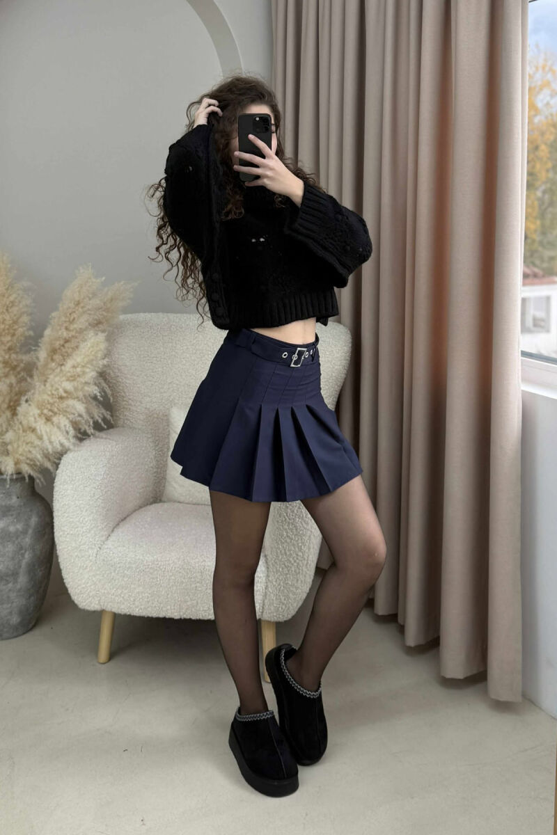 ONE COLOR BELTED WOMEN SKIRT DARK BLUE/BEE - 4