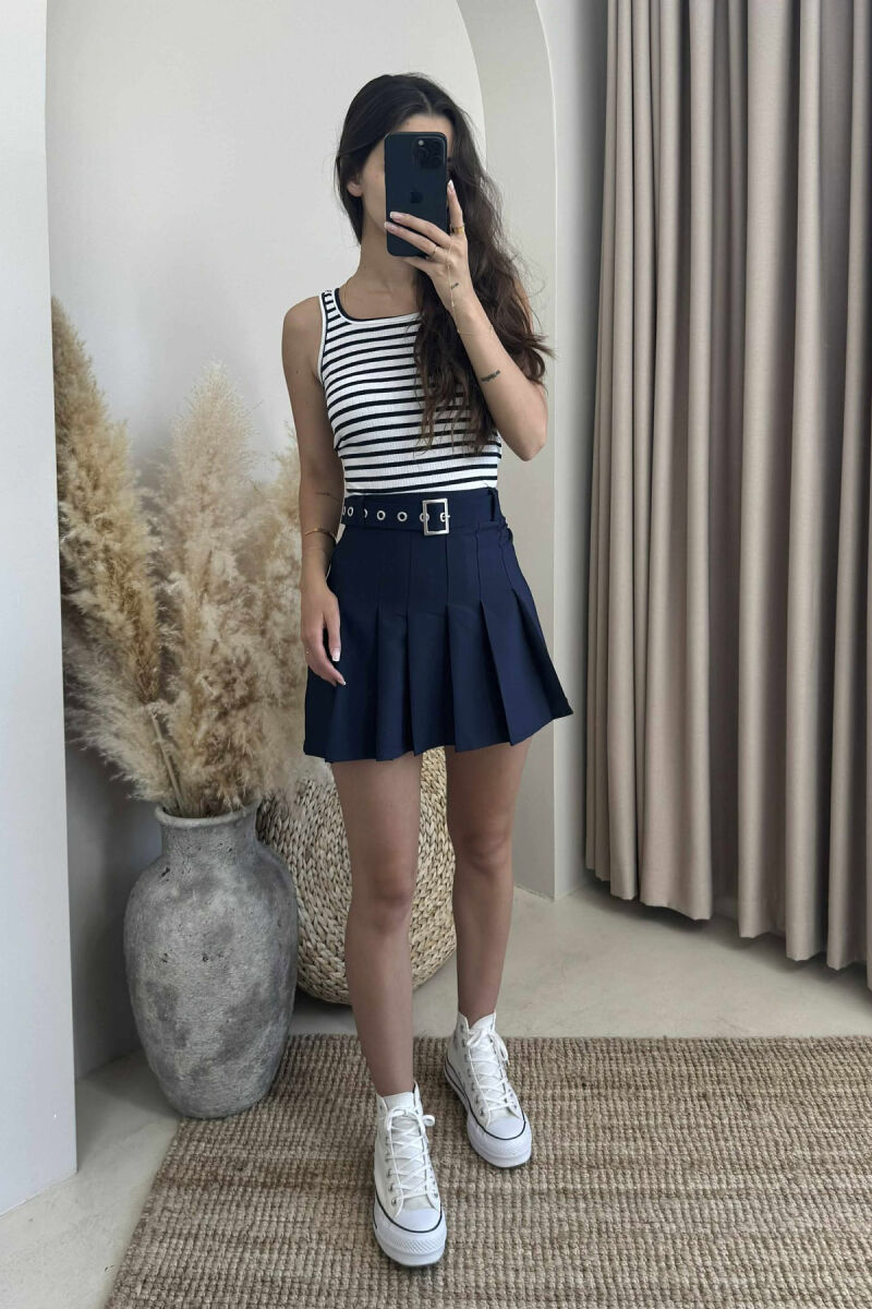 ONE COLOR BELTED WOMEN SKIRT DARK BLUE/BEE - 2