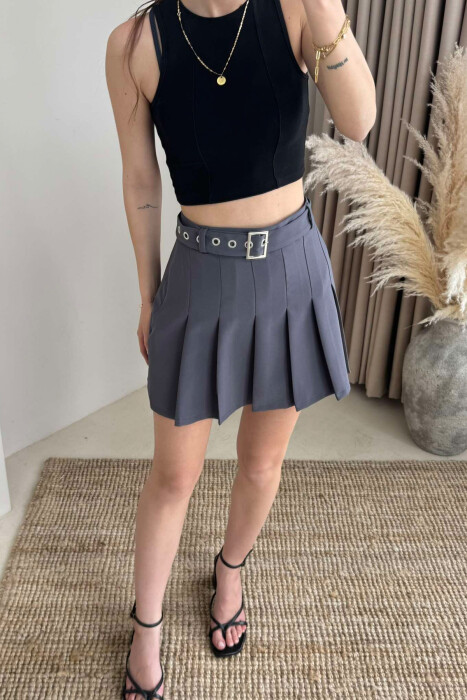 ONE COLOR BELTED WOMEN SKIRT DARK GREY/GEE - 2