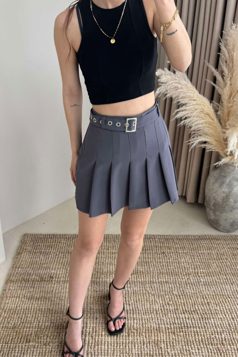ONE COLOR BELTED WOMEN SKIRT DARK GREY/GEE - 2