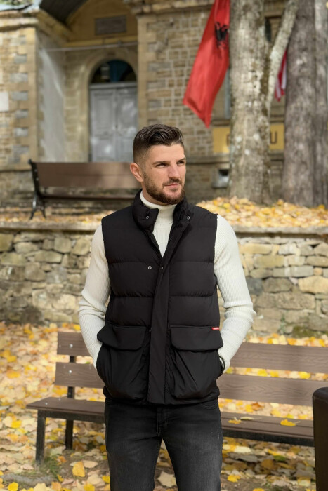 ONE COLOR BIG FRONT POCKETS HIDDEN BUTTON+ZIPPER MEN VEST BLACK/ E ZEZE - 1