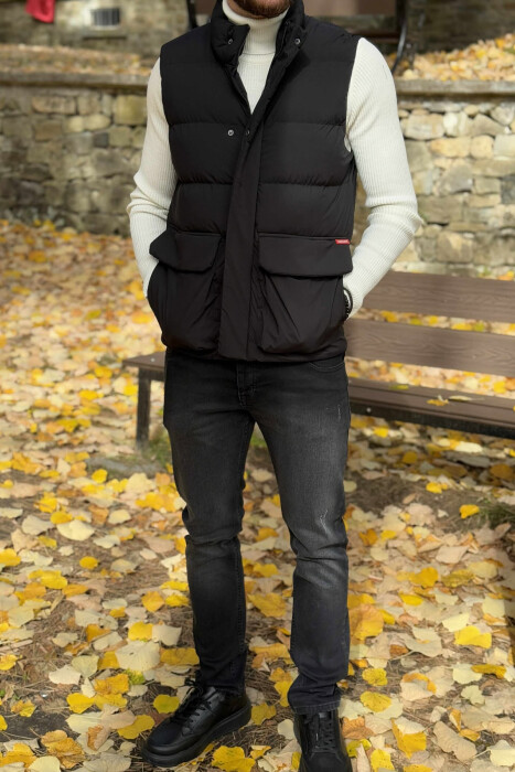 ONE COLOR BIG FRONT POCKETS HIDDEN BUTTON+ZIPPER MEN VEST BLACK/ E ZEZE - 3