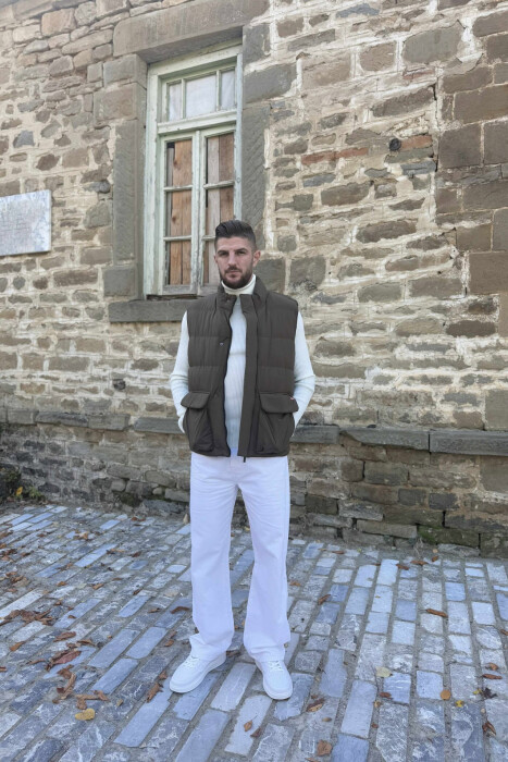 ONE COLOR BIG FRONT POCKETS HIDDEN BUTTON+ZIPPER MEN VEST GREEN/JESHILE - 2