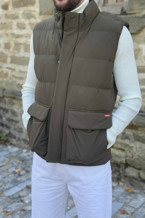 ONE COLOR BIG FRONT POCKETS HIDDEN BUTTON+ZIPPER MEN VEST GREEN/JESHILE - 3