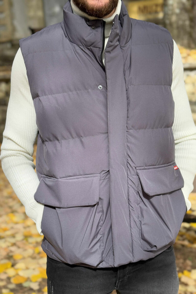 ONE COLOR BIG FRONT POCKETS HIDDEN BUTTON+ZIPPER MEN VEST GREY/GRI - 2