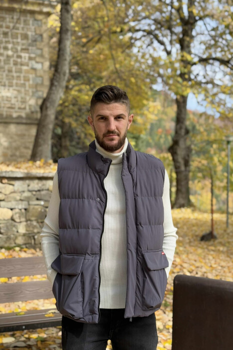 ONE COLOR BIG FRONT POCKETS HIDDEN BUTTON+ZIPPER MEN VEST GREY/GRI - 4