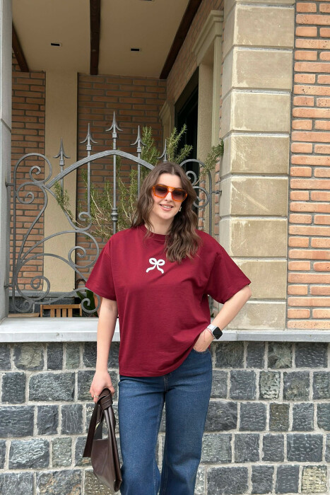 ONE COLOR BOW DESIGN WOMAN T-SHIRT BURGUNDY/VISHNJE 