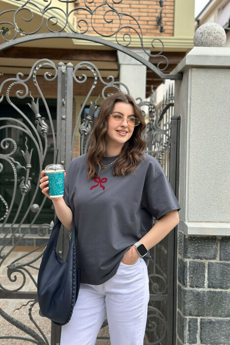 ONE COLOR BOW DESIGN WOMAN T-SHIRT DARK GREY/GEE - 1