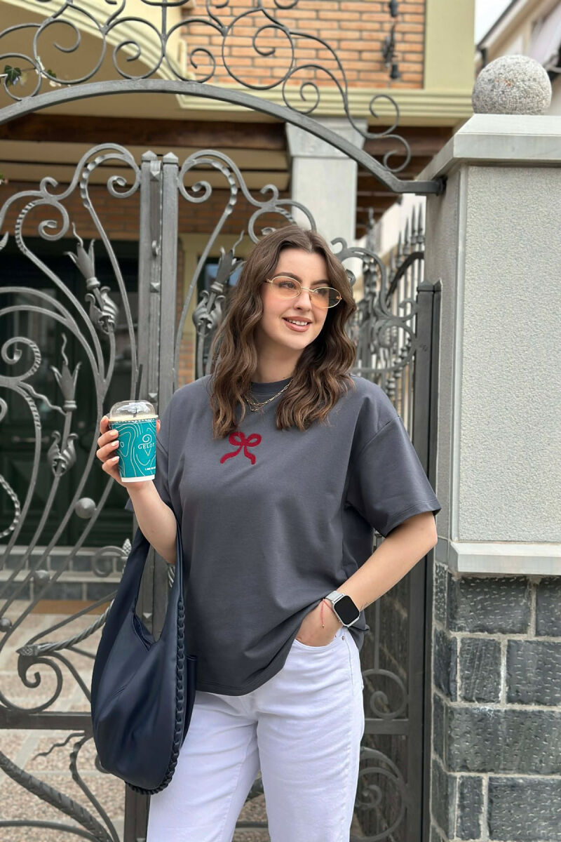 ONE COLOR BOW DESIGN WOMAN T-SHIRT DARK GREY/GEE - 1