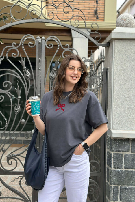 ONE COLOR BOW DESIGN WOMAN T-SHIRT DARK GREY/GEE - 5