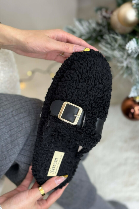 ONE COLOR BUCKLE DETAIL TEDDY WOMAN SLIPPERS BLACK/ E ZEZE - 2