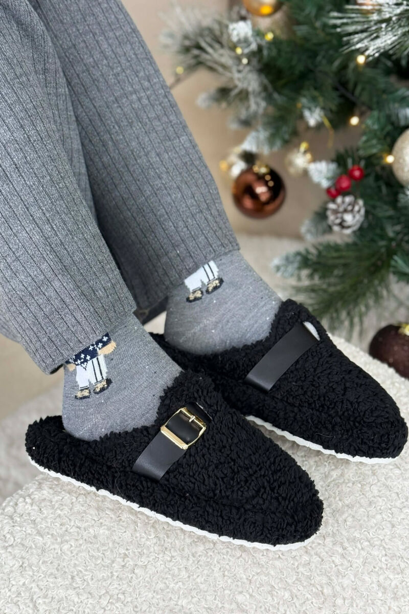 ONE COLOR BUCKLE DETAIL TEDDY WOMAN SLIPPERS BLACK/ E ZEZE - 4