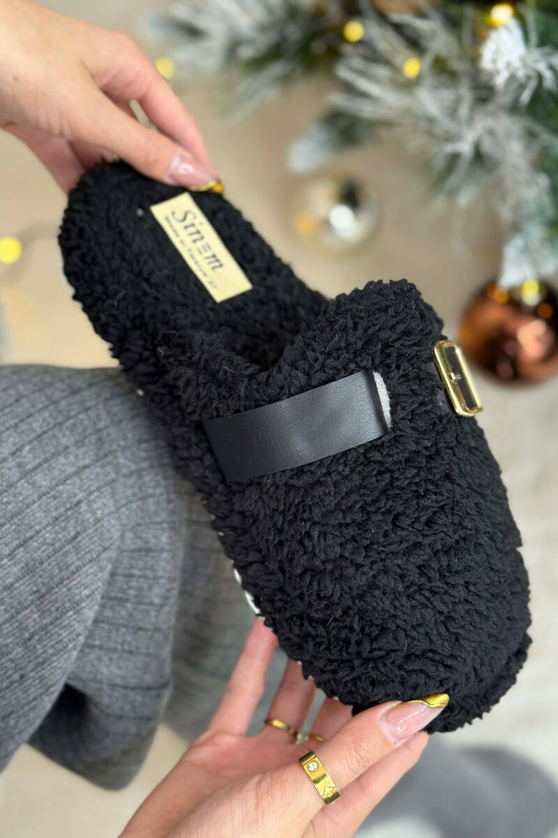 ONE COLOR BUCKLE DETAIL TEDDY WOMAN SLIPPERS BLACK/ E ZEZE - 5