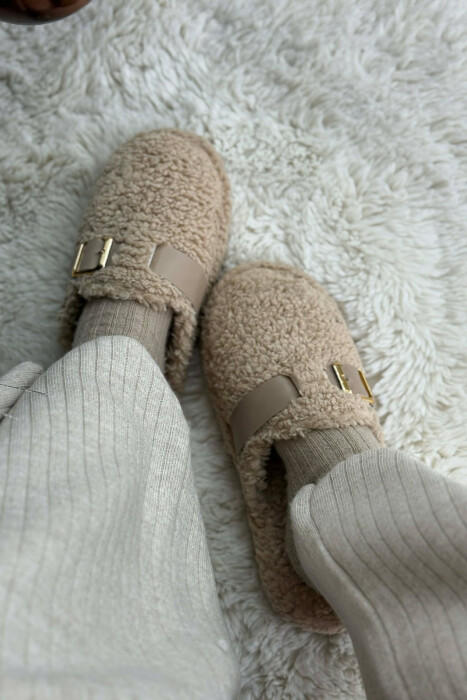 ONE COLOR BUCKLE DETAIL TEDDY WOMAN SLIPPERS DARK BEIGE/BEZHE ERRET - 5