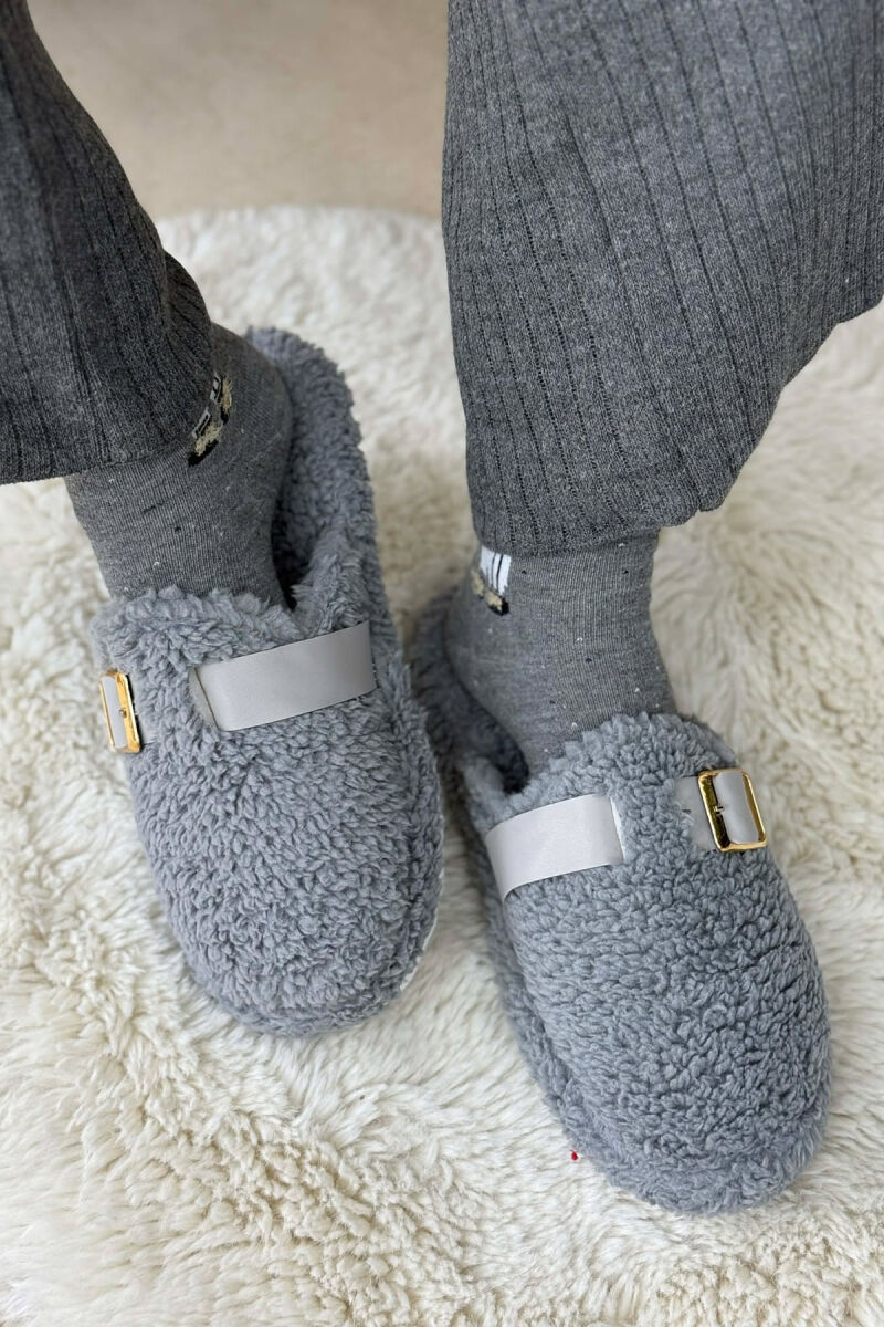 ONE COLOR BUCKLE DETAIL TEDDY WOMAN SLIPPERS DARK GREY/GEE - 1