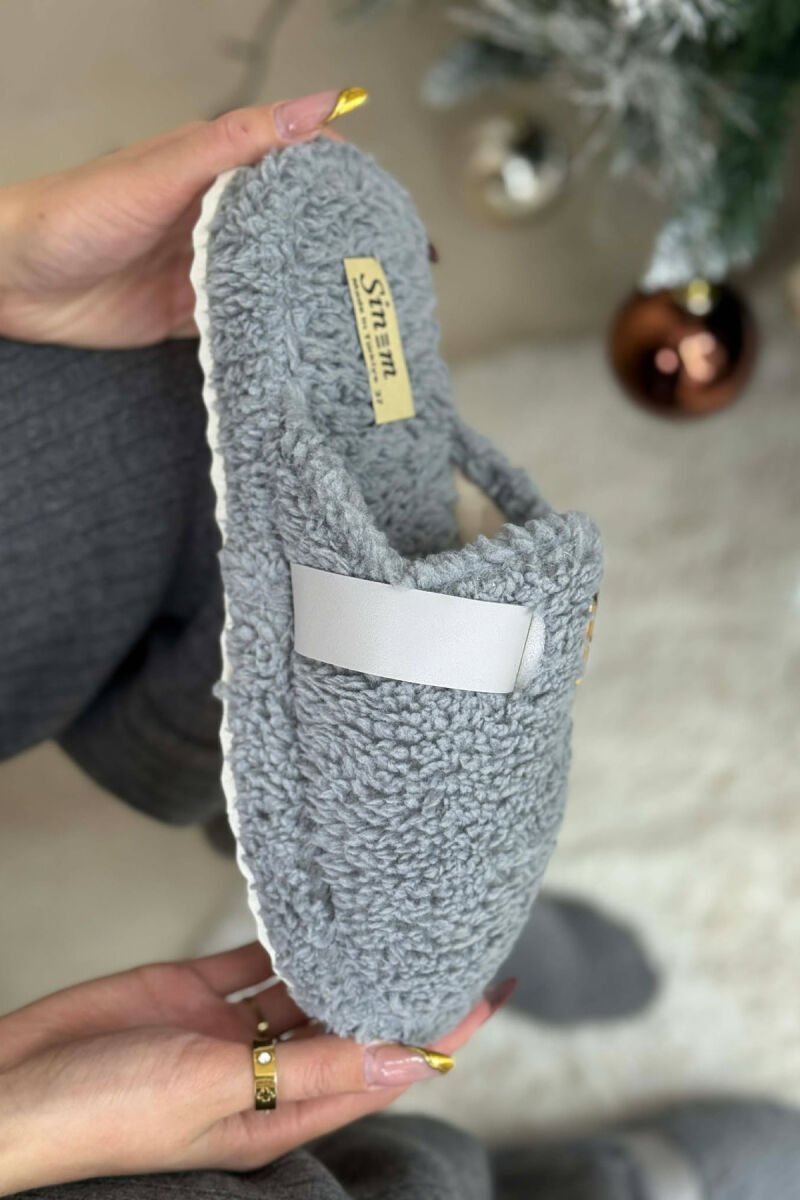 ONE COLOR BUCKLE DETAIL TEDDY WOMAN SLIPPERS DARK GREY/GEE - 2