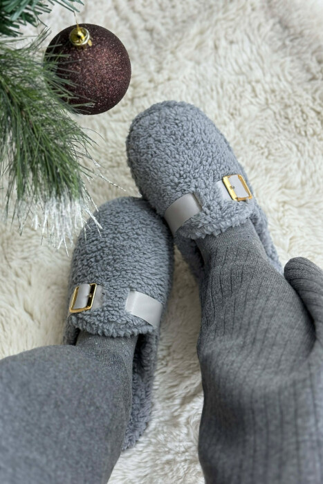 ONE COLOR BUCKLE DETAIL TEDDY WOMAN SLIPPERS DARK GREY/GEE - 3