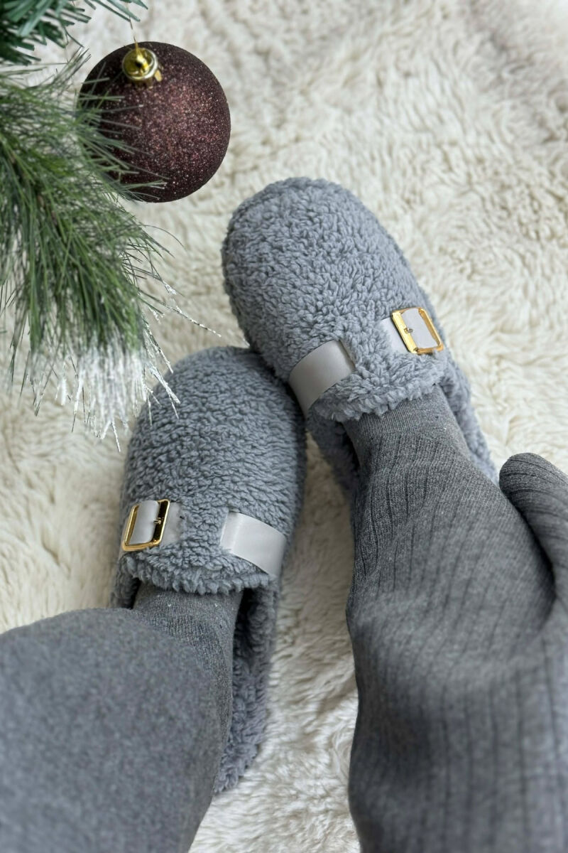 ONE COLOR BUCKLE DETAIL TEDDY WOMAN SLIPPERS DARK GREY/GEE - 3
