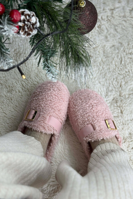 ONE COLOR BUCKLE DETAIL TEDDY WOMAN SLIPPERS POWDER/PUDER - 3