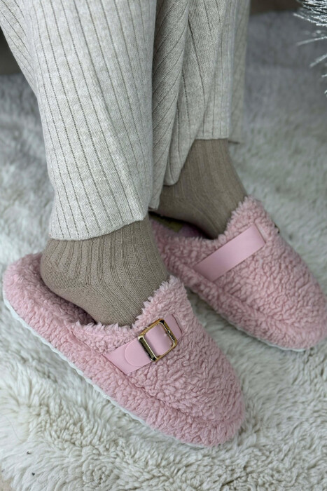 ONE COLOR BUCKLE DETAIL TEDDY WOMAN SLIPPERS POWDER/PUDER - 4