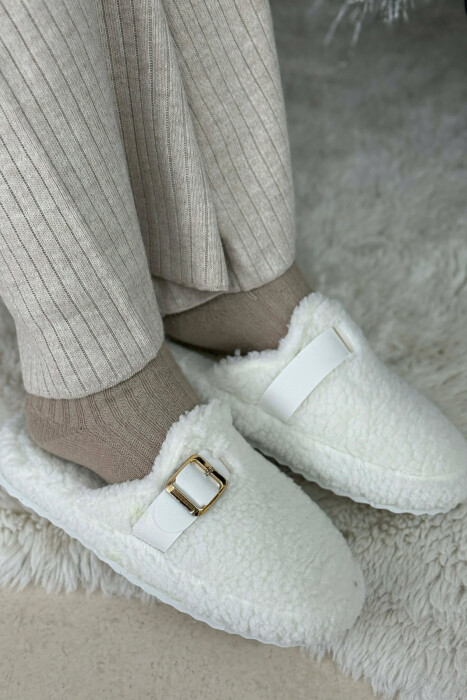 ONE COLOR BUCKLE DETAIL TEDDY WOMAN SLIPPERS WHITE-E BARDHE - KLAUDIO FASHION