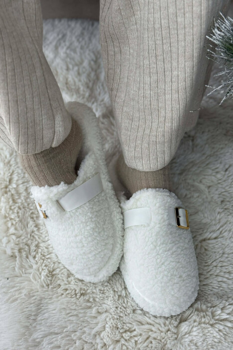 ONE COLOR BUCKLE DETAIL TEDDY WOMAN SLIPPERS WHITE-E BARDHE - 3