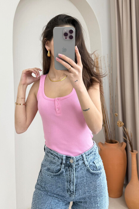 ONE COLOR BUTTON DETAILS WOMEN TANK TOP PINK/ROZE - 1