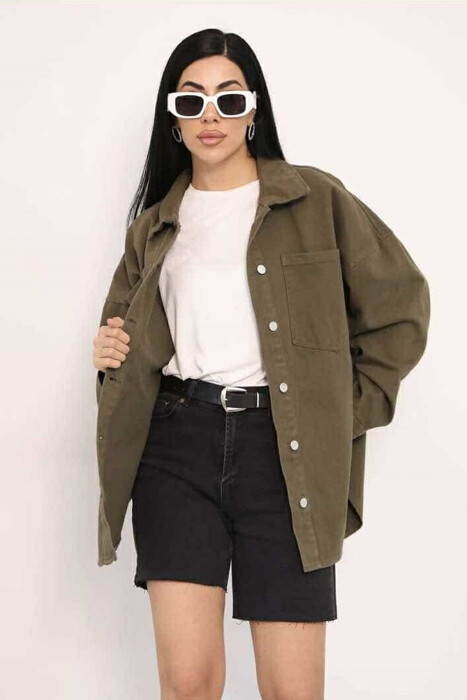 ONE COLOR BUTTON WOMEN DENIM JACKET GREEN/JESHILE - 2