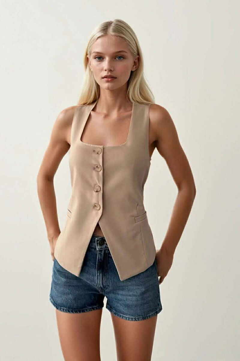 ONE COLOR BUTTON WOMEN VEST BEIGE/BEZHE - 1