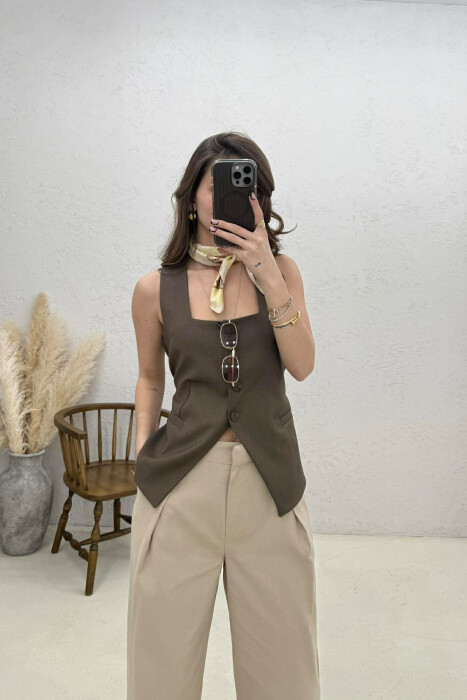 ONE COLOR BUTTON WOMEN VEST BROWN/KAFE - 1