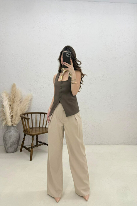 ONE COLOR BUTTON WOMEN VEST BROWN/KAFE - 3