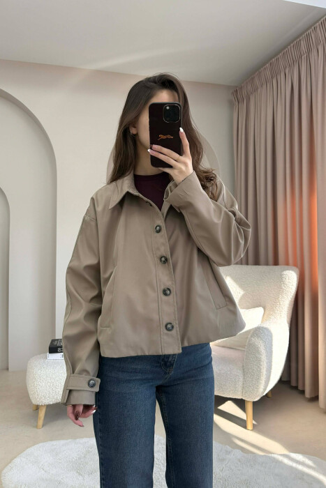 ONE COLOR BUTTONED CROPPED WOMAN COAT BEIGE/BEZHE 