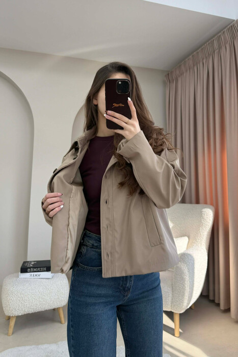 ONE COLOR BUTTONED CROPPED WOMAN COAT BEIGE/BEZHE - 3