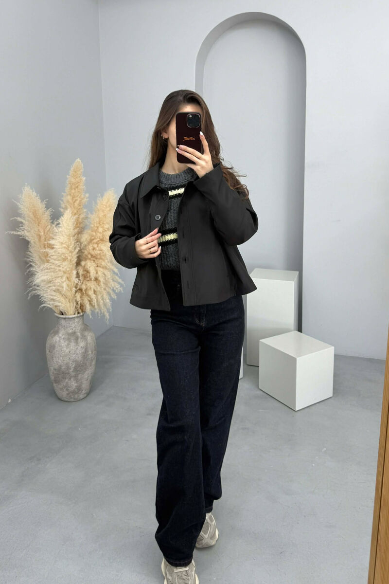 ONE COLOR BUTTONED CROPPED WOMAN COAT BLACK/ E ZEZE - 2