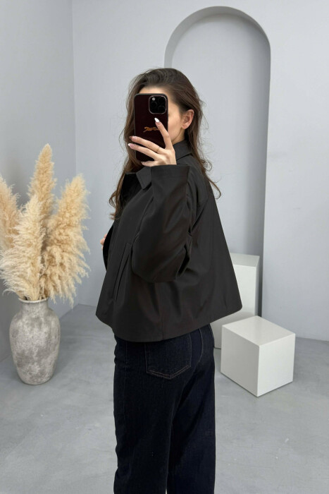 ONE COLOR BUTTONED CROPPED WOMAN COAT BLACK/ E ZEZE - 4